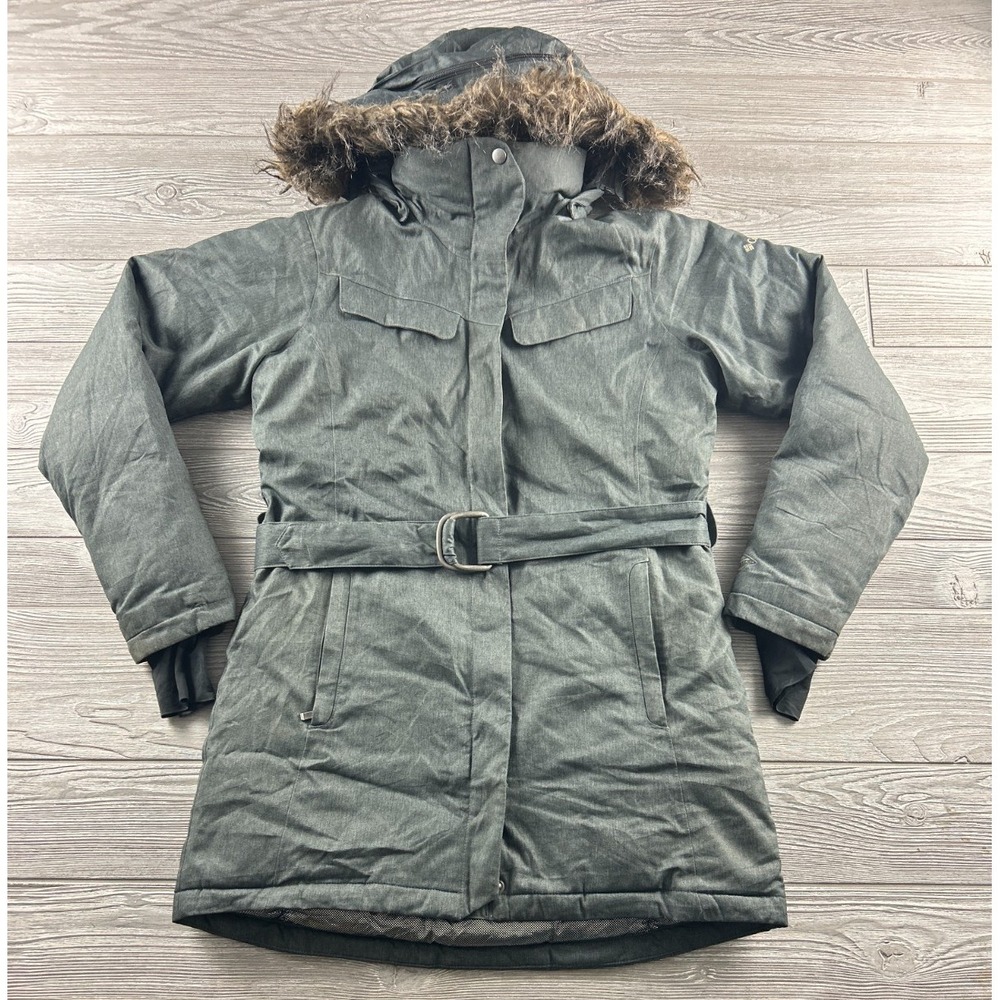 Columbia Women’s Small Omni Heat Coat Jacket Parka Gray Belt Hooded Fur Trim